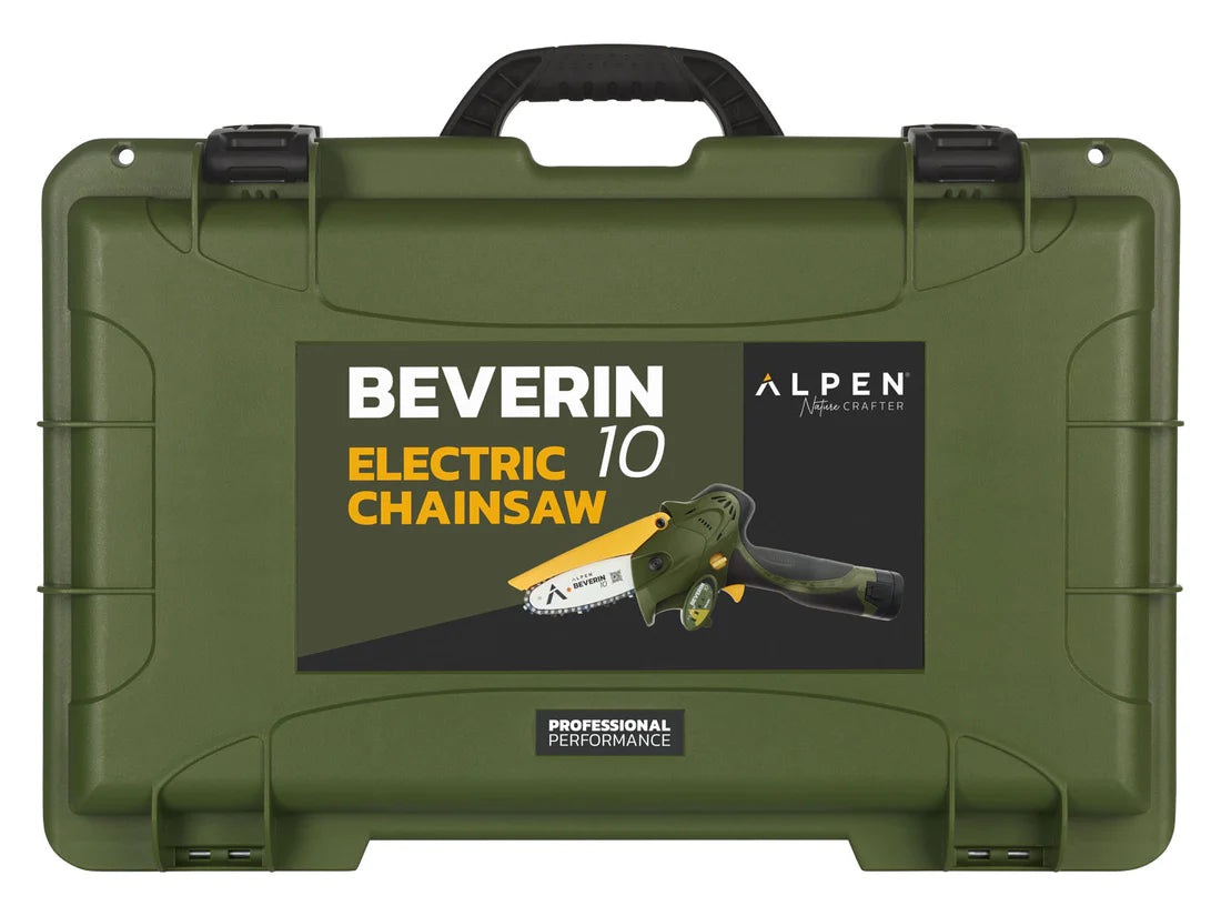 Mini tronçonneuse électrique ALPEN + 1 chaîne de rechange supplémentaire avec 2 batteries 14.4V (2x 2.6Ah) et powerpack