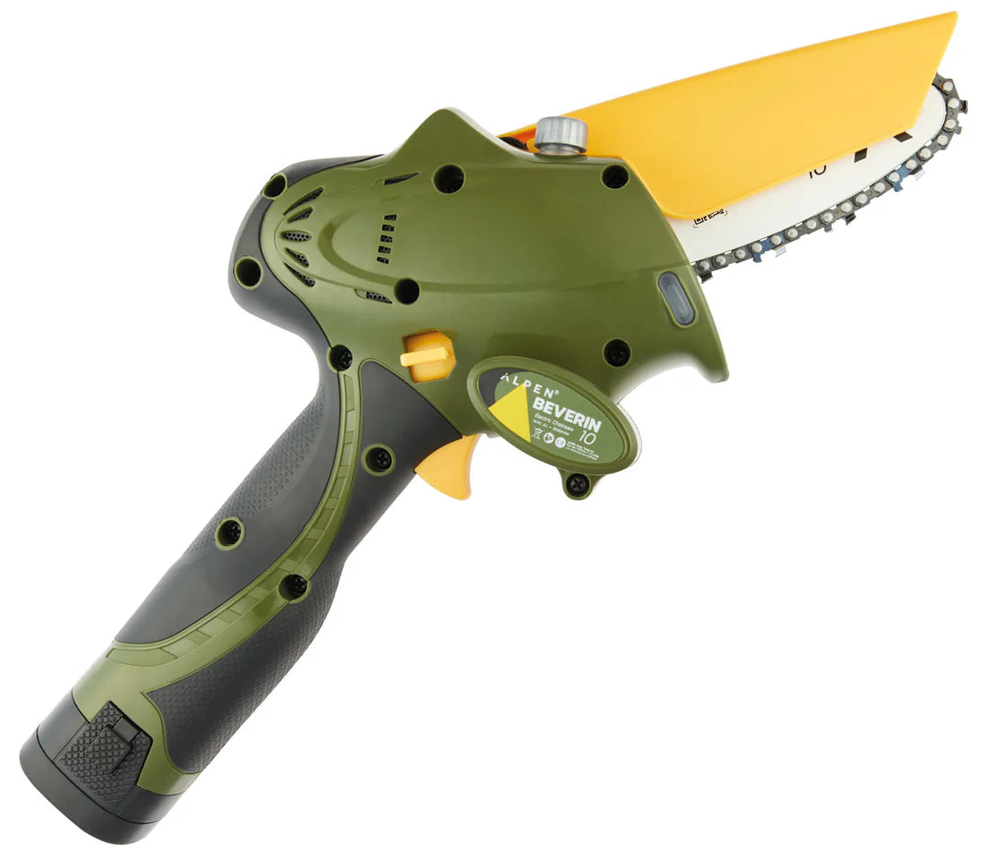 Mini tronçonneuse électrique ALPEN + 1 chaîne de rechange supplémentaire avec 2 batteries 14.4V (2x 2.6Ah) et powerpack